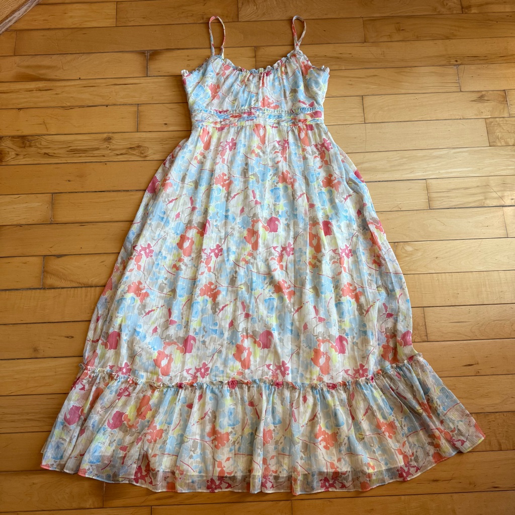 Likely Raffy Dress M Floral Sundress Pastel Blue Coral Midi Adjustable Straps